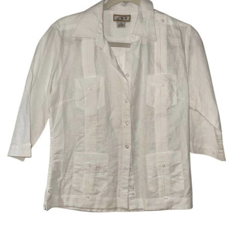JMP WHITE LINEN 4 POCKETS BUTTON UP BLOUSE MEDIUM